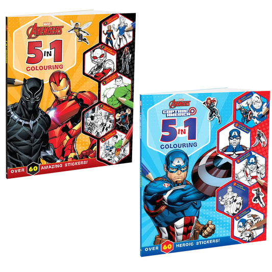 Marvel 5-in-1 Avengers and Captain America Pack of 2 Colouring Books | Stickers, Colouring and Activities for Kids 4 to 6 Year olds