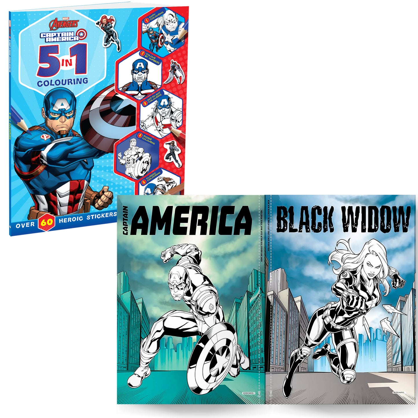 Marvel 5-in-1 Avengers and Captain America Pack of 2 Colouring Books | Stickers, Colouring and Activities for Kids 4 to 6 Year olds