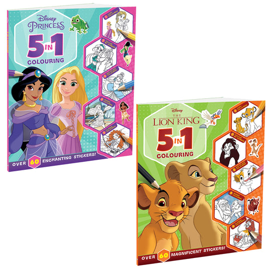 Disney 5-in-1 The Lion King and Princess Pack of 2 Colouring Books | Stickers, Colouring and Activities for Kids 4 to 6 Year olds