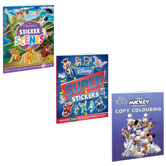 Disney Copy Colouring and Disney Classics Sticker Activity Pack of 3 Books | Classics Sticker Scenes | 100 Copy Colouring | Books for 5 to 8 Year Old Kids