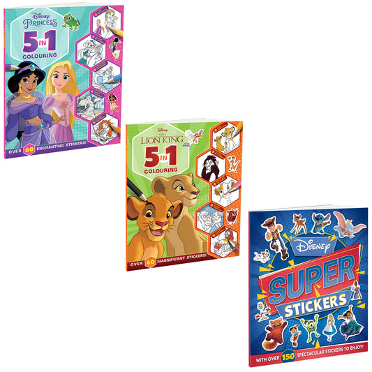Disney The Lion King and Princess 5-in-1 Pack of 3 Sticker and Colouring Books | Stickers, Colouring and Activities for 5 to 8 Year Old Kids