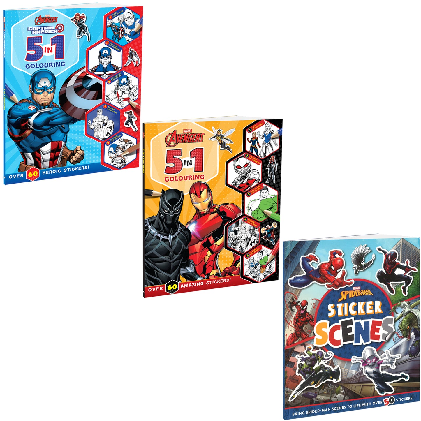 Marvel Spider-Man, Avengers and Captain America Sticker and 5-in-1 Colouring Pack of 3 Books | Stickers, Colouring and Activities for 5 to 8 Year Old Kids