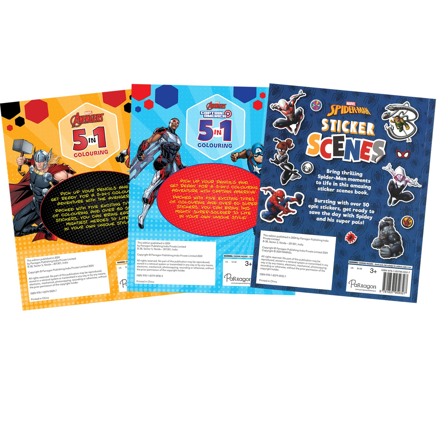 Marvel Spider-Man, Avengers and Captain America Sticker and 5-in-1 Colouring Pack of 3 Books | Stickers, Colouring and Activities for 5 to 8 Year Old Kids