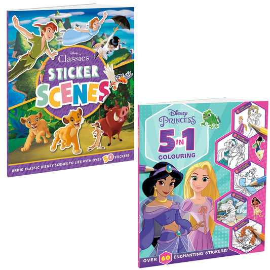 Disney Princess 5-in-1 Colouring and Disney Classics Sticker Book (Pack of 2 Books) | Stickers, Colouring and Activities for 5 to 8 Year Old Kids