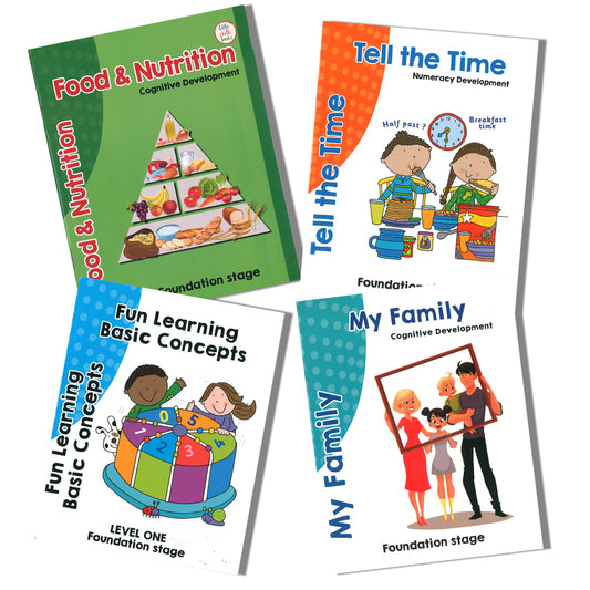 Pack of 4 Books of Children's Early Learning | Fun Learning, Food & Nutrition, Time and Family | For 3 to 5 Year Old