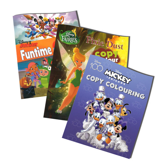 Disney Pack of 3 Colouring Books | Fairies Pixie Dust, junior funtime & Micky Mix Family copy and colouring Books | For 2 to 6 Year Old