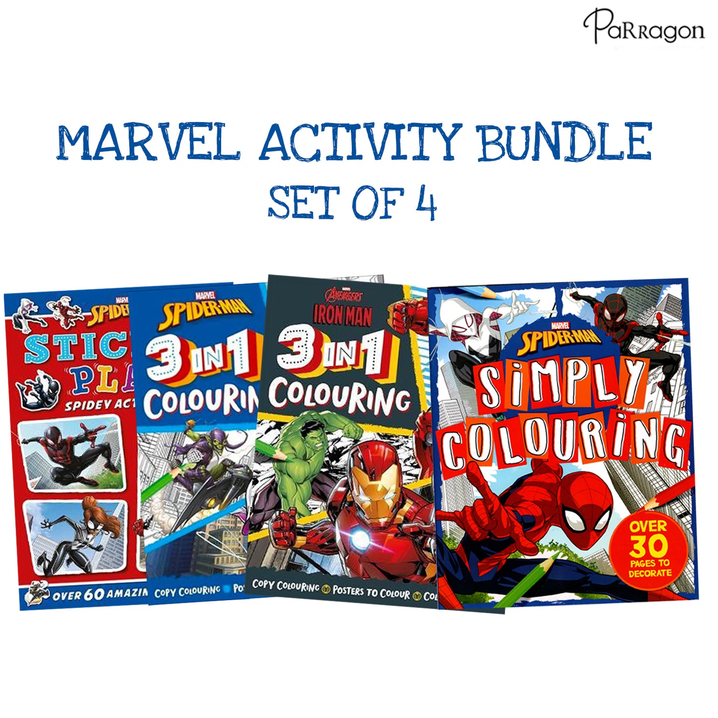 Marvel Activity Bundle Set of 4 books of Iron Man| Spider Man| 3 in 1 Colouring| Sticker Play [Paperback] Parragon