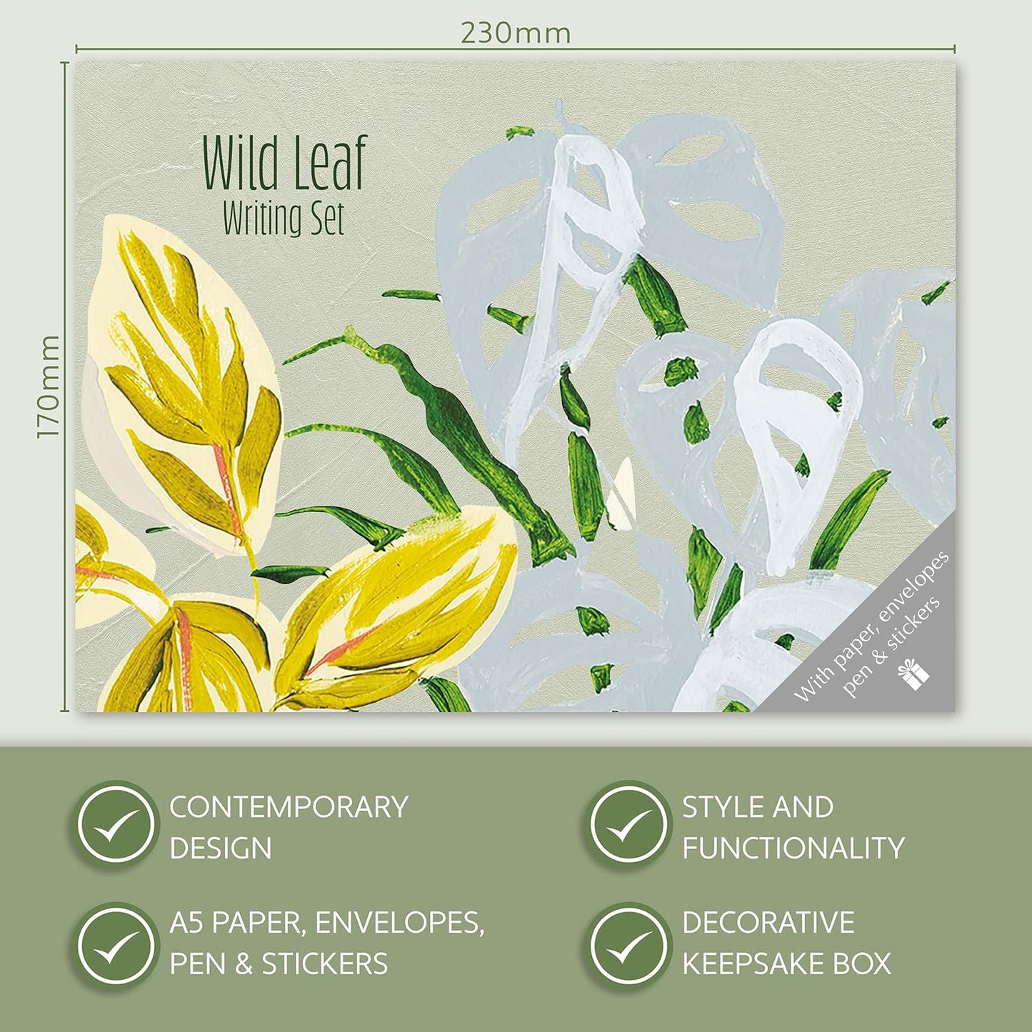 Wild Leaf Writing Set | 32 A5 Letter Sheets, 16 Envelopes, Pen & Stickers