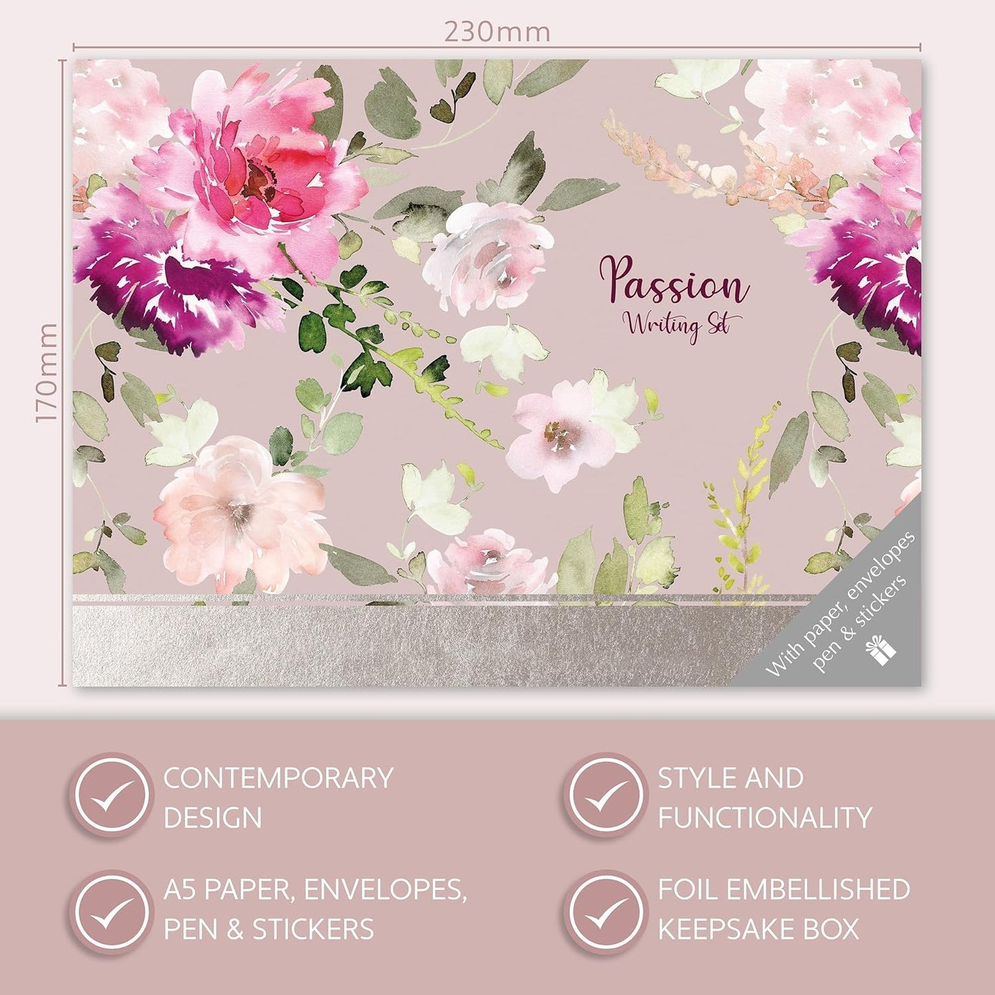 Passion Writing Set | 32 A5 Letter Sheets, 16 Envelopes, Pen & Stickers