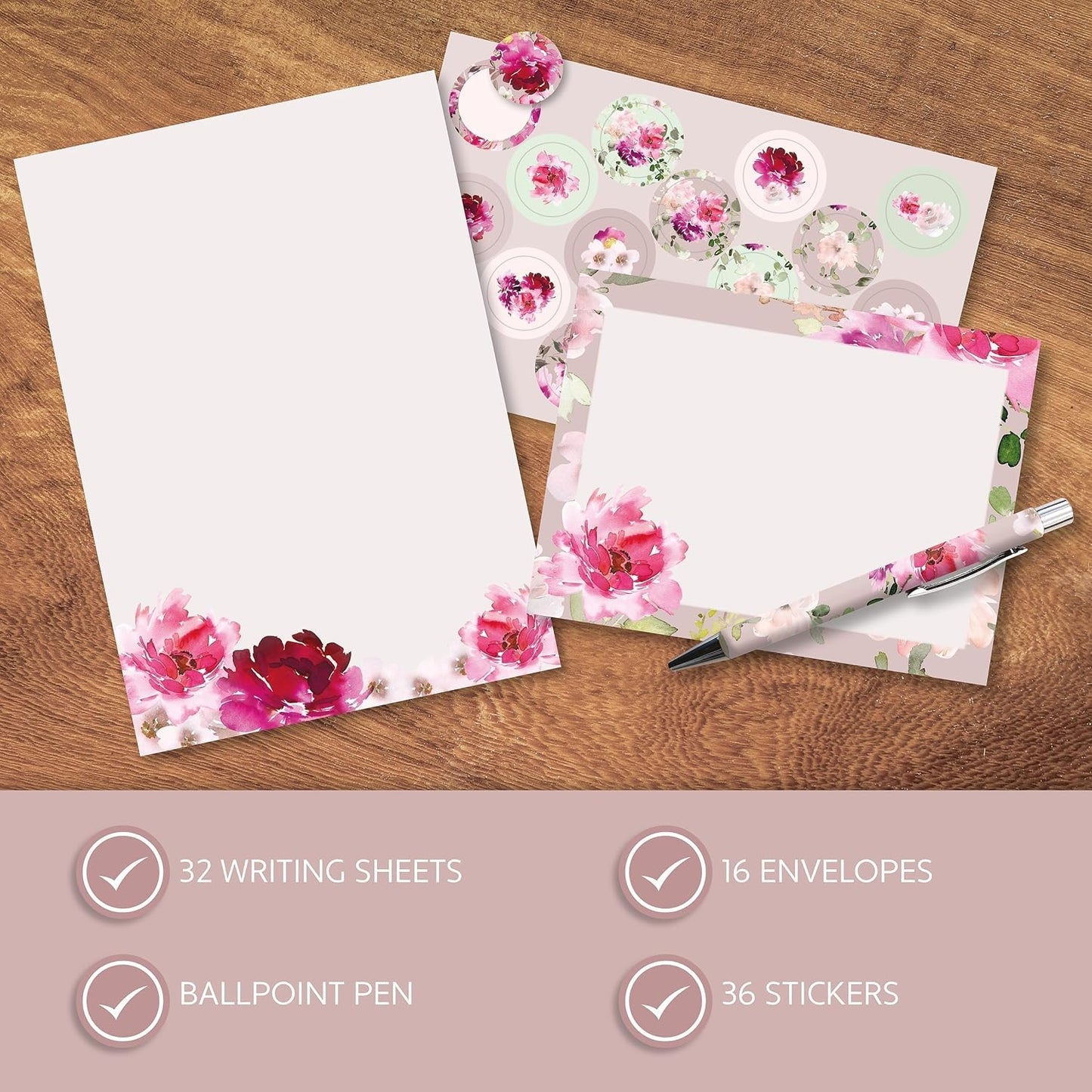 Passion Writing Set | 32 A5 Letter Sheets, 16 Envelopes, Pen & Stickers