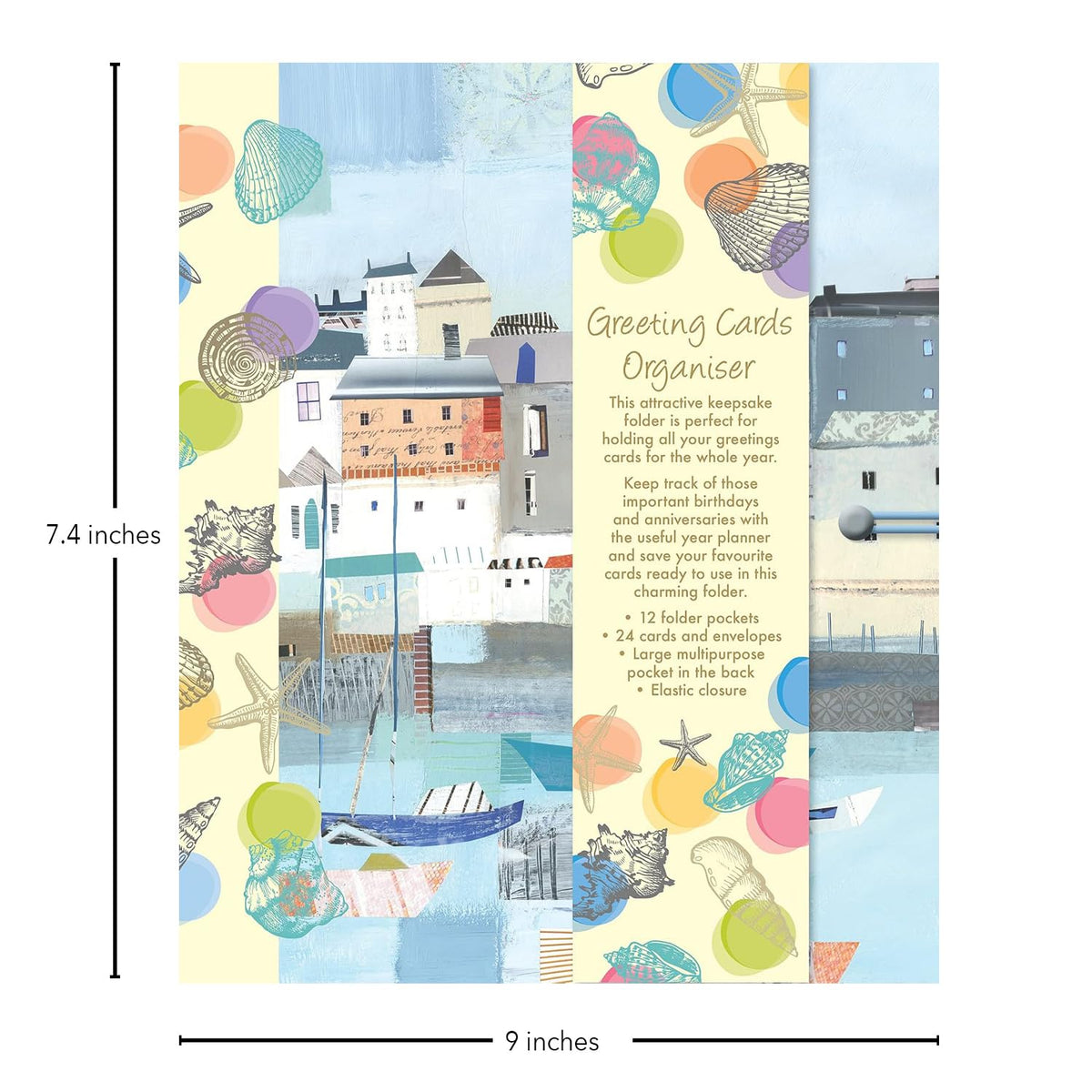 Greeting Cards Organiser – By the Sea Theme | 12 Monthly Pockets, Holds 24 Cards & Envelopes, Birthday & Anniversary Planner, Elastic Closure, Keepsake Folder