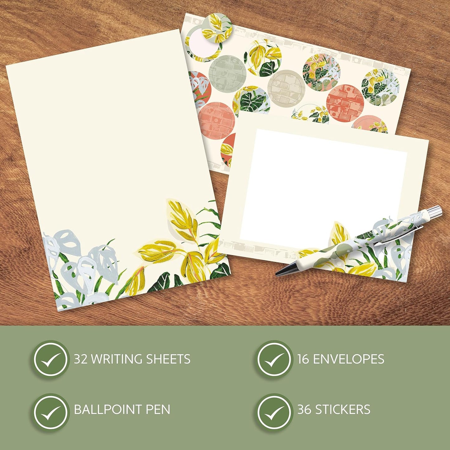 Wild Leaf Writing Set | 32 A5 Letter Sheets, 16 Envelopes, Pen & Stickers
