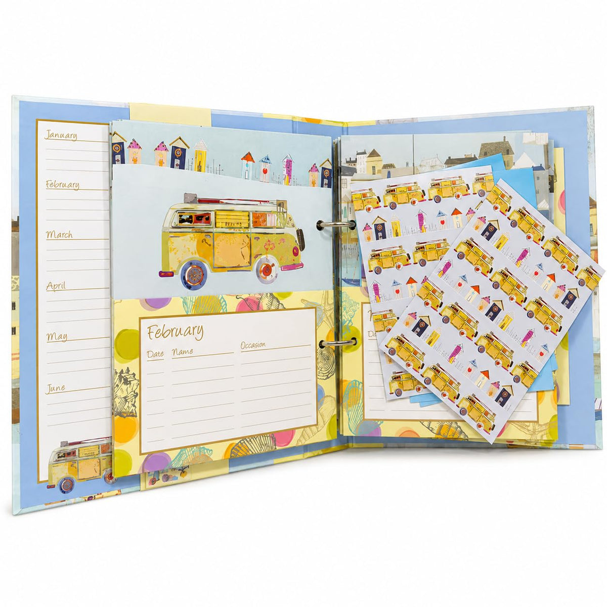 Greeting Cards Organiser – By the Sea Theme | 12 Monthly Pockets, Holds 24 Cards & Envelopes, Birthday & Anniversary Planner, Elastic Closure, Keepsake Folder
