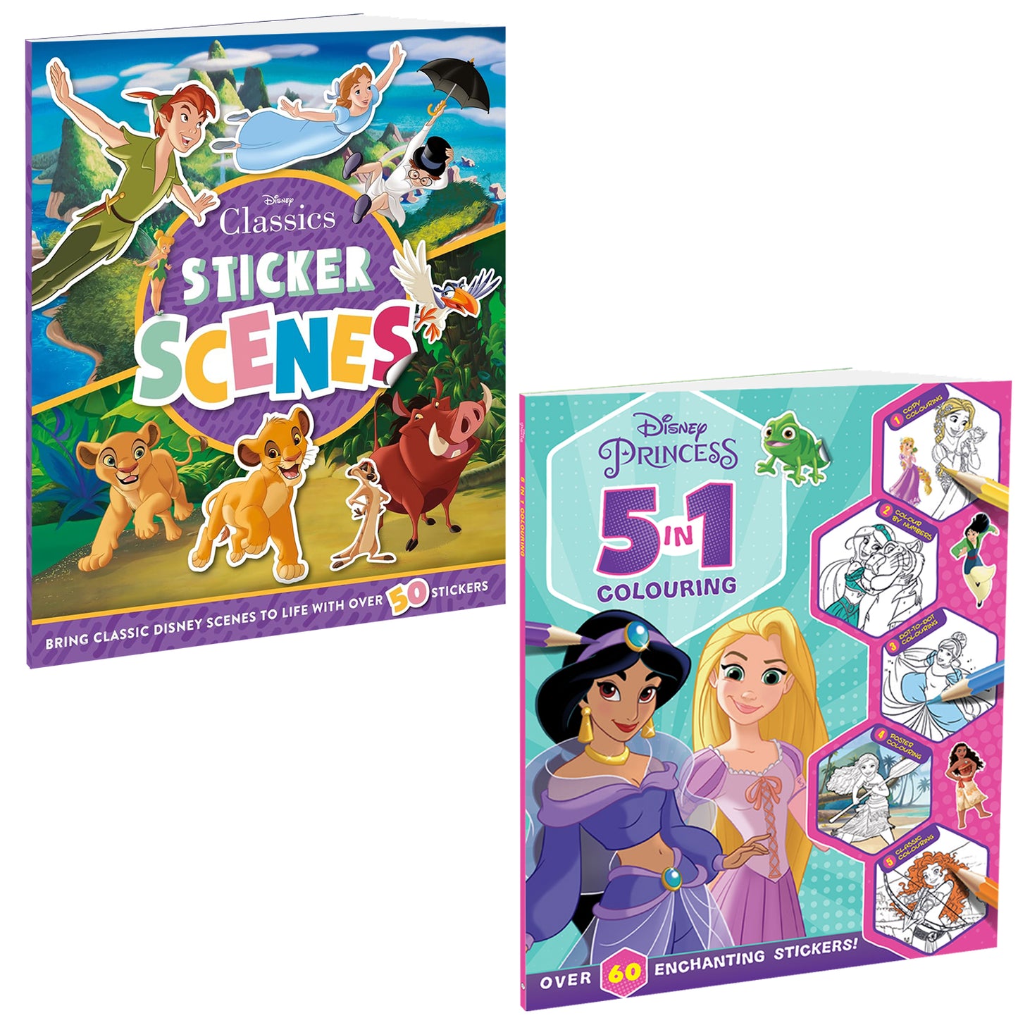 Disney Princess 5-in-1 Colouring and Disney Classics Sticker Book (Pack of 2 Books) | Stickers, Colouring and Activities for 5 to 8 Year Old Kids