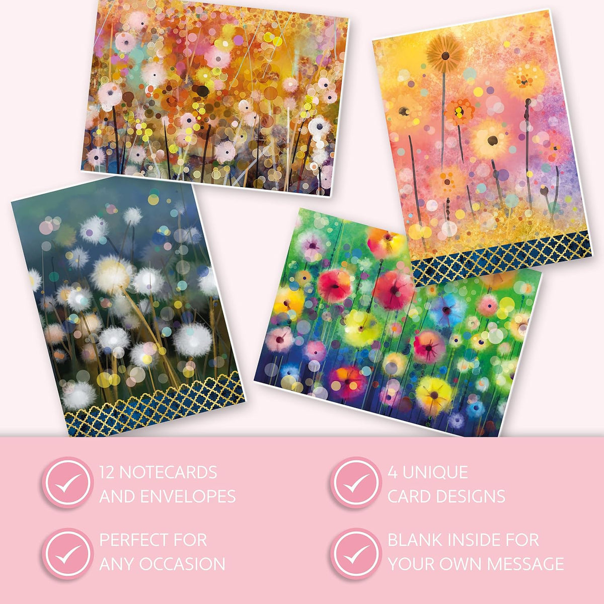 Pom Poms Greetingcard Wallet | 12 Premium Blank Greetingcards, 4 Vibrant Designs & Envelopes