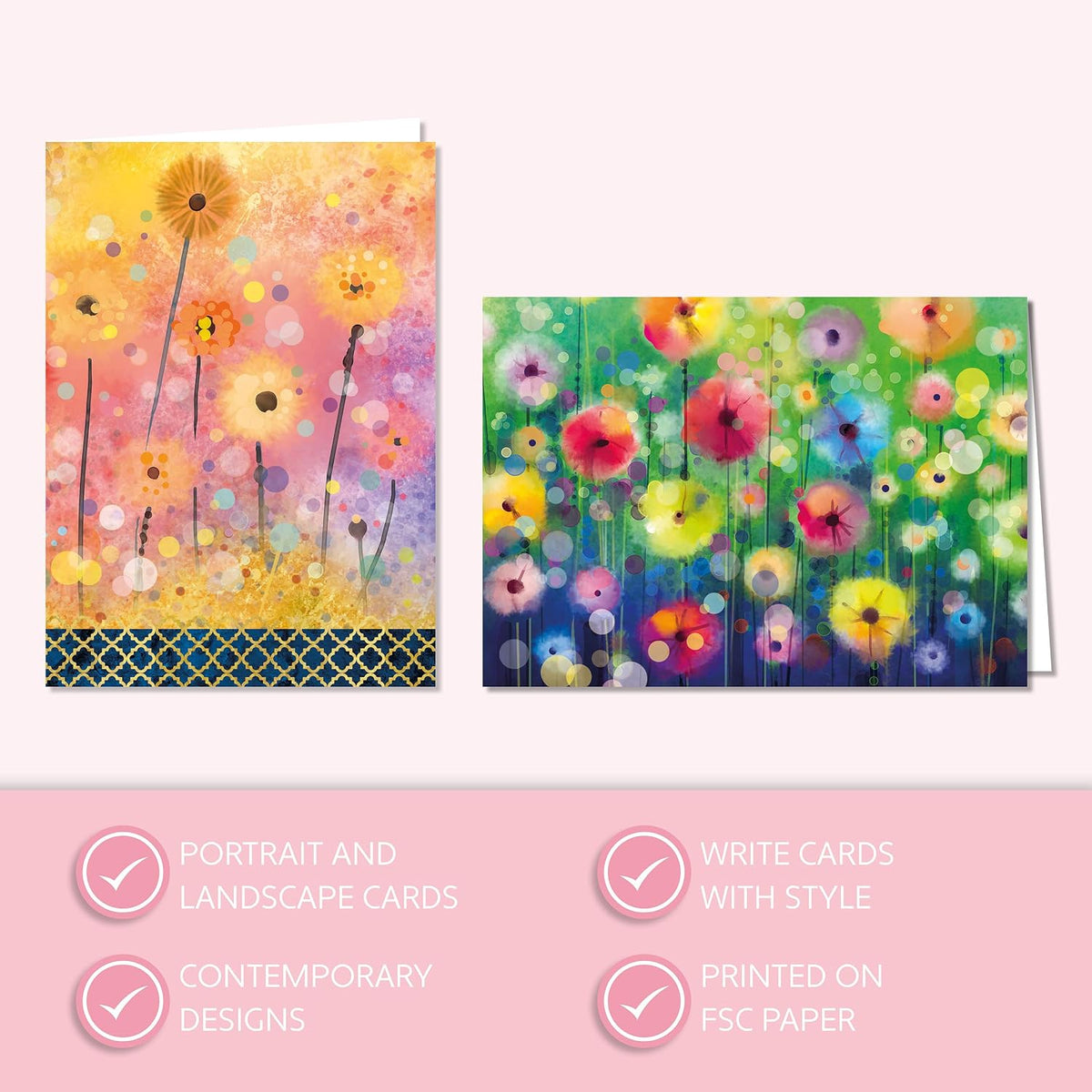 Pom Poms Greetingcard Wallet | 12 Premium Blank Greetingcards, 4 Vibrant Designs & Envelopes